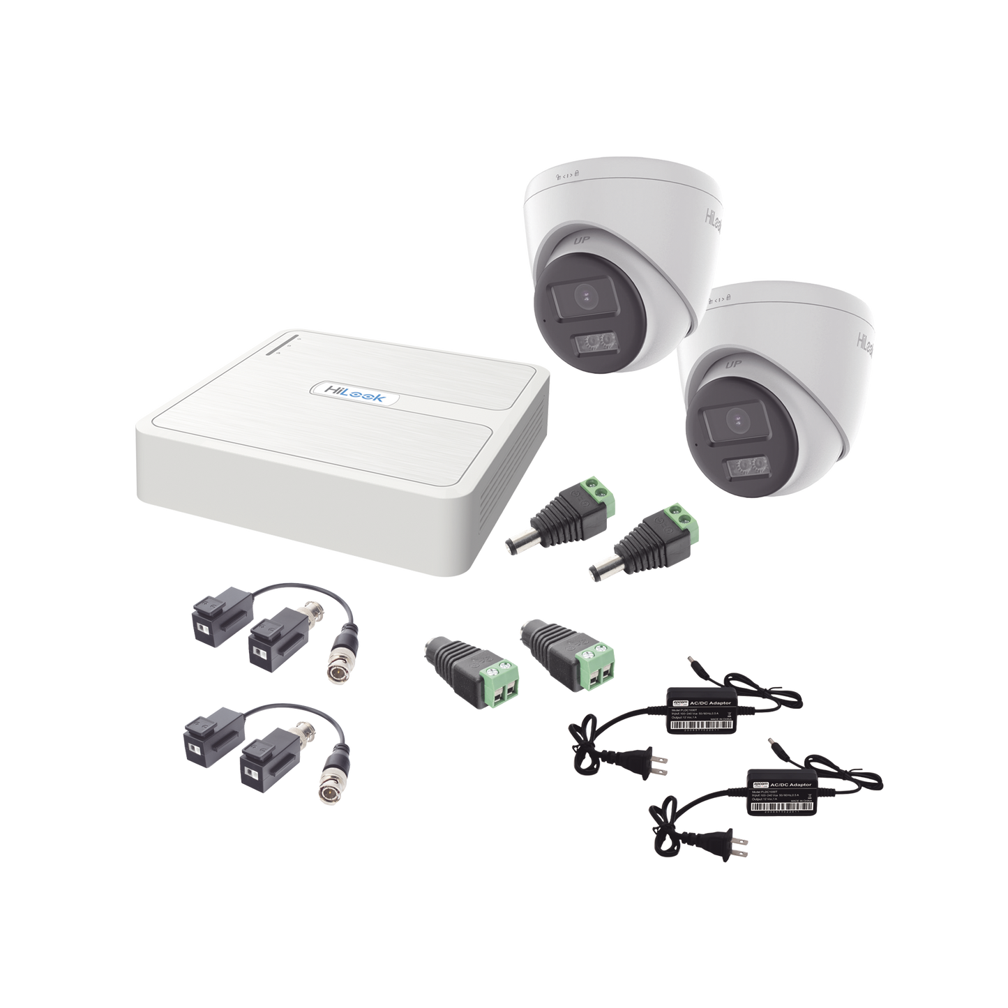 HL-1080P-2E-TWA - Kit HiLook Audio Bidireccional TurboHD 1080p / DVR 4 Canales / 2 Cámaras Turret (Exterior) con Bocina y Microfóno Integrado / 2 Fuentes de Poder / Accesorios