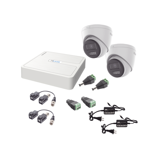 HL-1080P-2E-TWA - Kit HiLook Audio Bidireccional TurboHD 1080p / DVR 4 Canales / 2 Cámaras Turret (Exterior) con Bocina y Microfóno Integrado / 2 Fuentes de Poder / Accesorios