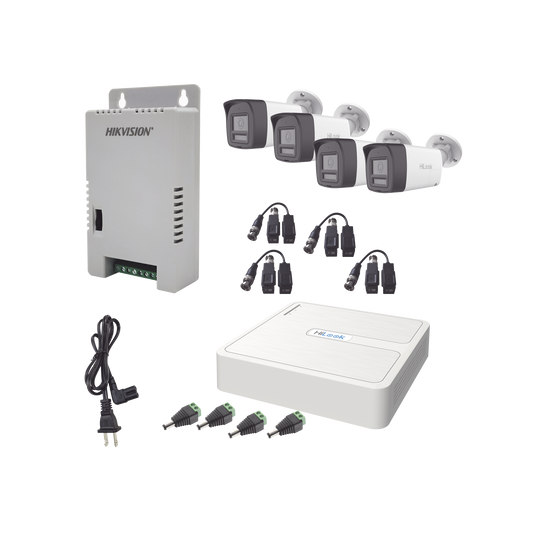 HL-1080P-4B-TWA - Kit HiLook Audio Bidireccional TurboHD 1080p / DVR 4 Canales / 4 Cámaras Bala (Exterior) con Bocina y Micrófono Integrado / 1 Fuente de Poder / Accesorios