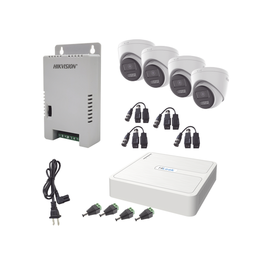 HL-1080P-4E-TWA - Kit HiLook Audio Bidireccional TurboHD 1080p / DVR 4 Canales / 4 Cámaras Eyeball (Exterior) con Bocina y Microfóno Integrado / 1 Fuente de Poder / Accesorios