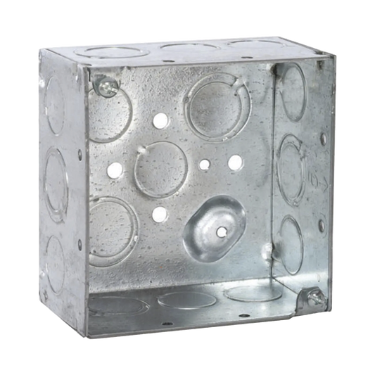 HUB-232 - Caja Cuadrada Galvanizada  de 4" x 4", profundidad de 2 1/8". Cuenta con 10 KO de 1/2" y 6 TKO (1/2" - 3/4"))