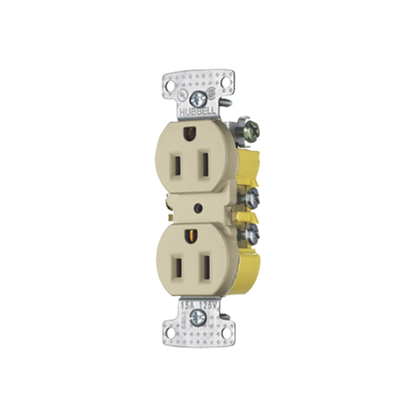 HUB-RR15I - Contacto Duplex 15A 125V/ 2 Polos 3 Hilos / Cableado posterior y lateral / Nema 5-15R / Color Marfil.