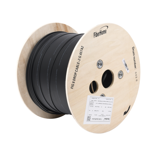 IC-FIG8A2-2C Carrete de 1 km de Fibra Óptica Aérea Mini Figura 8 G.657A2 tipo Drop, Monomodo de 2 Hilos (bifibra), Color Negro, Span 80