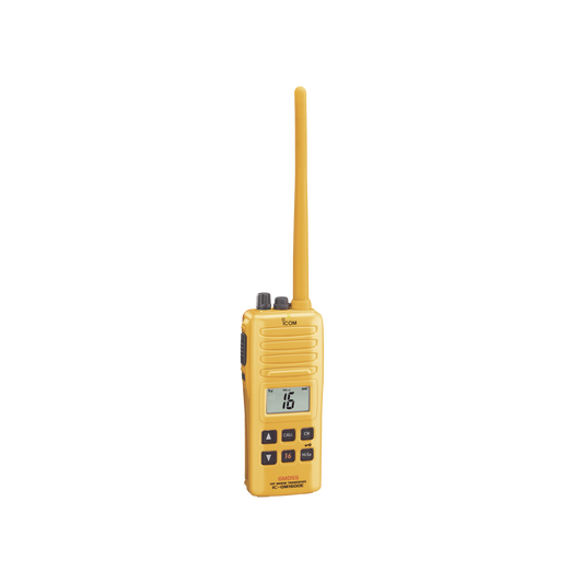 Radio Portátil Marino, 2W, cumple con las regulaciones GMDSS, Tx:156.025-157.425MHz, Rx:156.050-163.275MHz, sumergible IPX7. Incluye: antena, batería BP-252, batería BP-234, cargador y clip