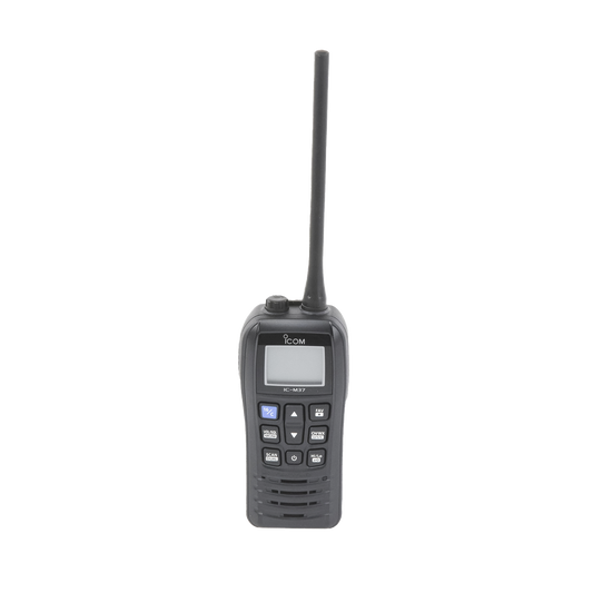 IC-M37 - Radio VHF Portátil, Botones Grandes y Diseño Fácil de Agarrar, 6 W, Duración de 12 Horas con Batería BP-296, Guarda los Ultimos 5 Canales Usados, Fácil para hacer Llamadas Repetitivas, Flotante con Luz LED