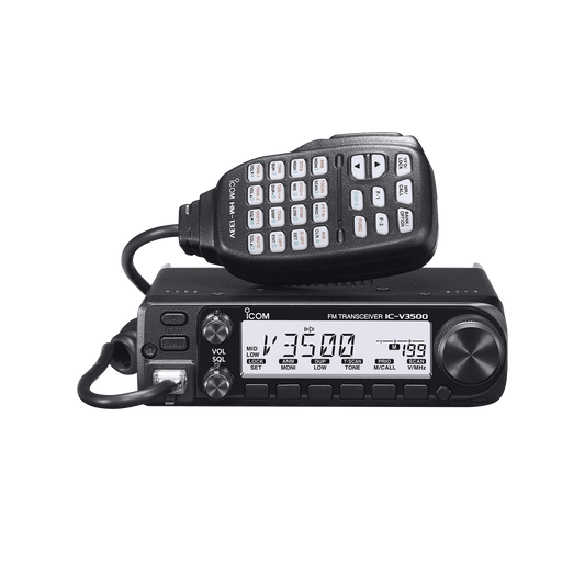 IC-V3500 - Radio móvil para aficionados con potencia de salida de 65W, Rx:136-174MHz Tx: 144-148MHz, cuenta con 207 memorias, 4.5W de potencia de audio. Incluye micrófono y accesorios de montaje