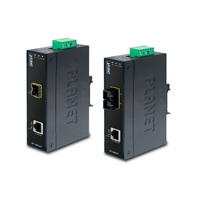 IFT-802T Convertidor de Medios Industrial, Multimodo, Puertos 10/100 Base-TX a 100 Base-FX, Interfaz SC, Hasta 2 km, Carcasa IP30, Soporta Temperatura de -40 a 75°C.