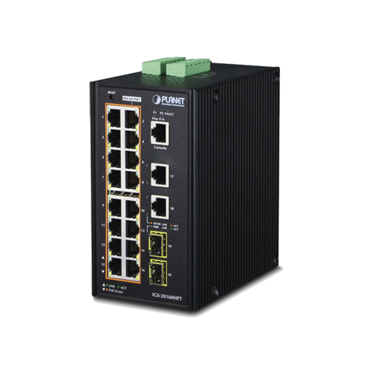 IGS-20160HPT Switch Industrial Administrable 16 puertos 10/100/1000 T 802.3at PoE + 2 Puertos 10/100/1000 T + 2 puertos 100/1000 X SFP