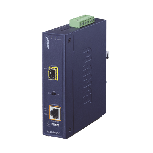 IGTP-805AT Convertidor de medios industrial PoE+ 1000BASE-SX/LX a 10/100/1000BASE-T 802.3at (mini-GBIC, SFP)