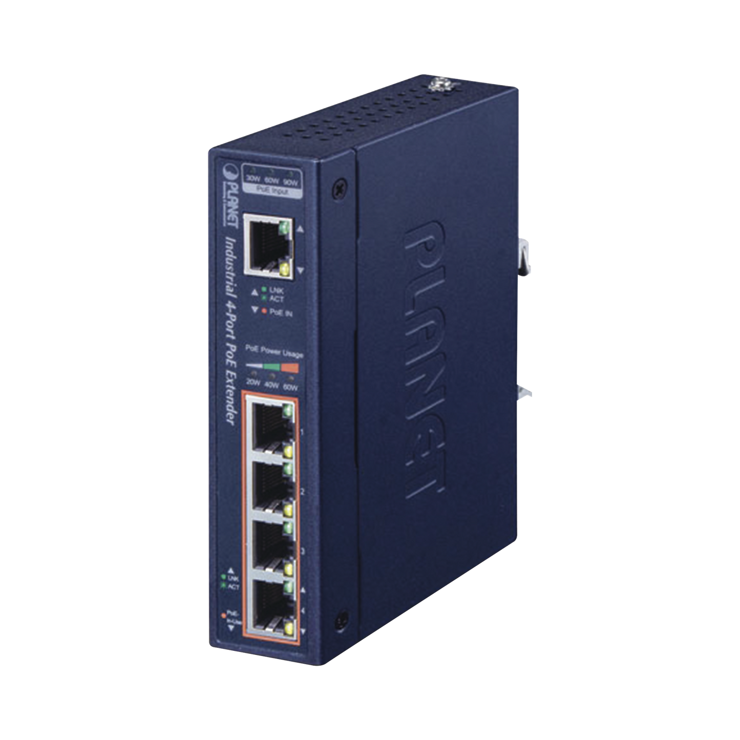 IPOE-E174 Extensor Industrial PoE, Entrada PoE 802.3 bt  y 4 Puertos de Salida Gigabit 802.3 af/at