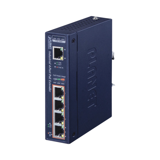 IPOE-E174 Extensor Industrial PoE, Entrada PoE 802.3 bt  y 4 Puertos de Salida Gigabit 802.3 af/at
