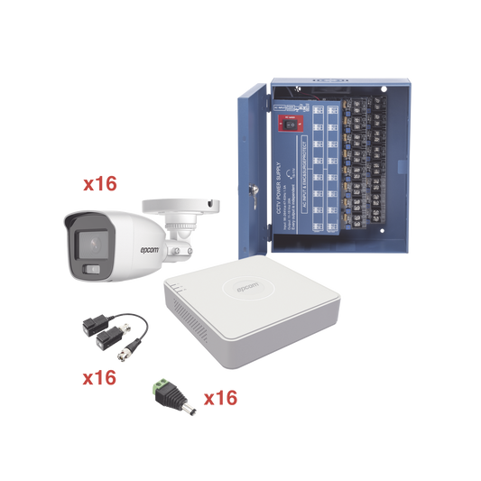 KE1080PL/16BCA Kit TurboHD 1080p Lite / DVR 16 Canales / 16 Cámaras Bala Exterior ( 2.8mm) con ColorVu + Micrófono Integado / Transceptores / Conectores / Fuente de Poder Profesional