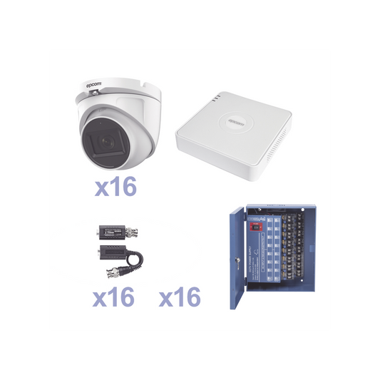 KESTXLT16EW KIT TurboHD 1080p Lite / DVR 16 Canales / 16 Cámaras Eyeball  Exterior ( 2.8mm) / Transceptores / Conectores / Fuente de Poder Profesional