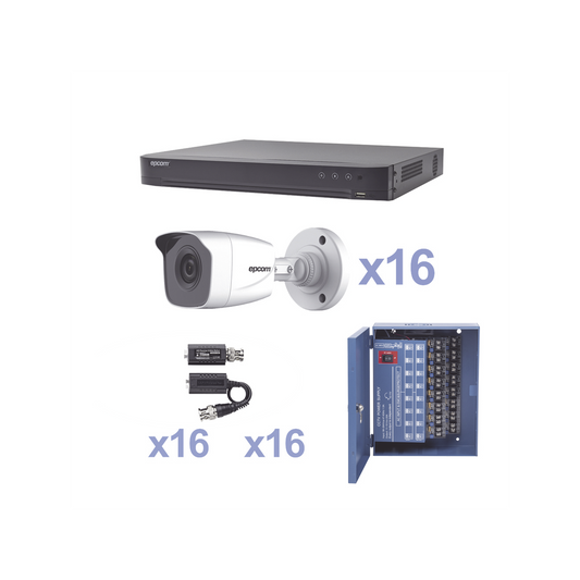 KEVTX8T16BW KIT TurboHD 1080p / DVR 16 Canales / 16 Cámaras Bala (exterior 2.8 mm) / Transceptores / Conectores / Fuente de Poder Profesional