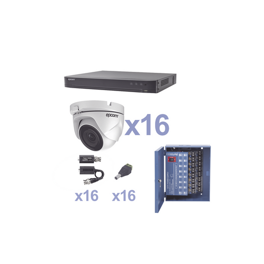 KEVTX8T16EW KIT TurboHD 1080p / DVR 16 Canales / 16 Cámaras Eyeball (exterior 2.8 mm) / Transceptores / Conectores / Fuente de Poder Profesional