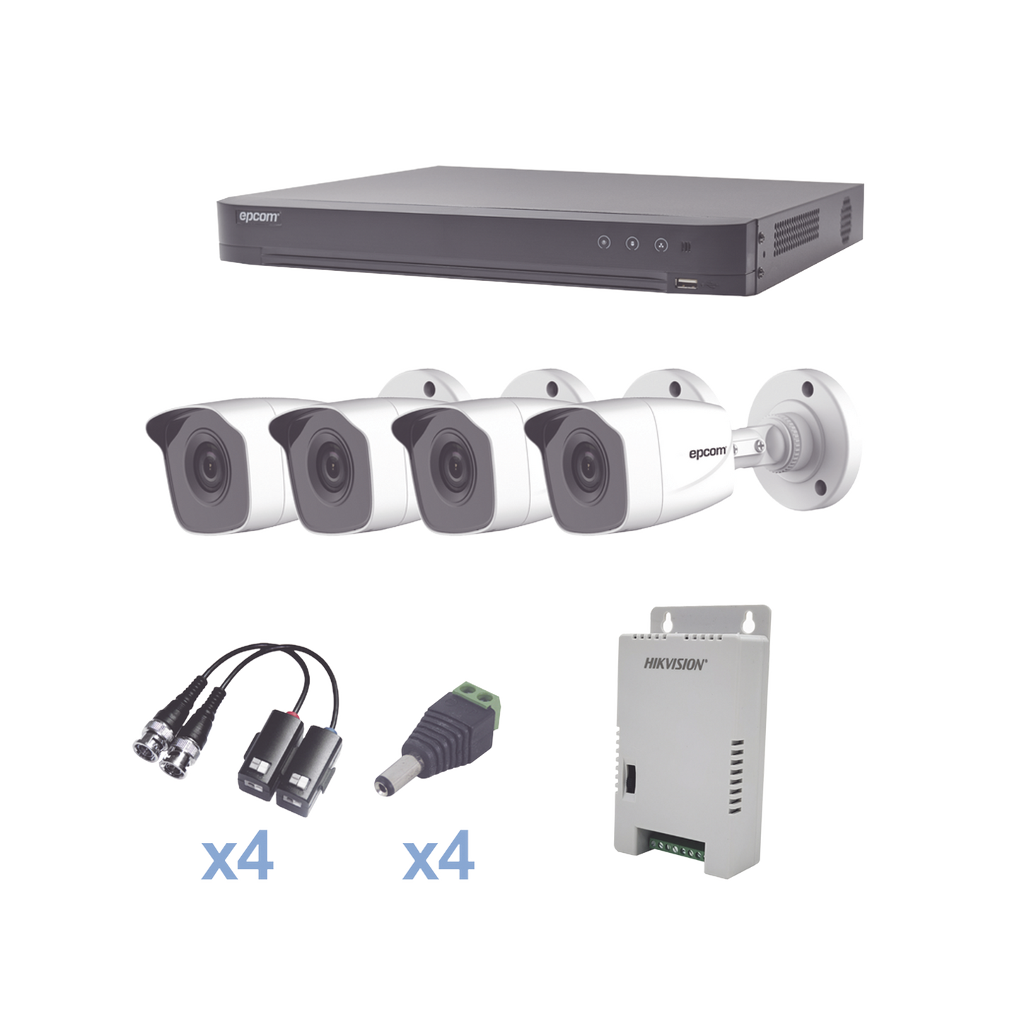 KEVTX8T4BW KIT TurboHD 1080p / DVR 4 Canales / 4 Cámaras Bala Metálicas (exterior 2.8 mm) / Transceptores / Conectores / Fuente de Poder Profesional