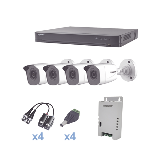 KEVTX8T4BW KIT TurboHD 1080p / DVR 4 Canales / 4 Cámaras Bala Metálicas (exterior 2.8 mm) / Transceptores / Conectores / Fuente de Poder Profesional