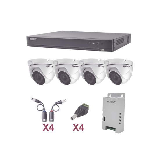 KEVTX8T4EW KIT TurboHD 1080p / DVR 4 Canales / 4 Cámaras Eyeball (exterior 2.8 mm) / Transceptores / Conectores / Fuente de Poder Profesional