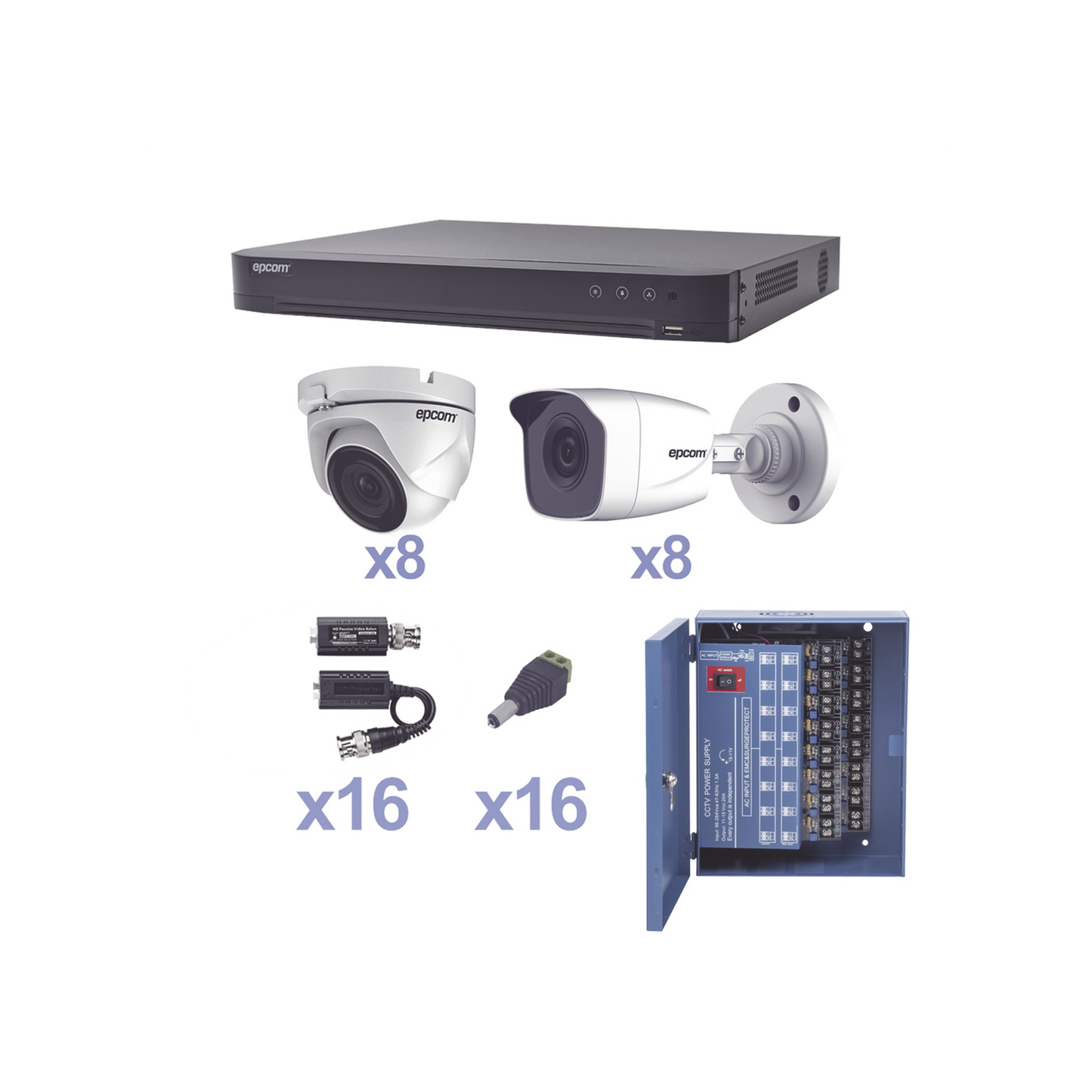 KEVTX8T8B/8EW KIT TurboHD 1080p / DVR 16 Canales / 8 Cámaras Bala (exterior 2.8 mm) / 8 Cámaras Eyeball (exterior 2.8 mm) / Transceptores / Conectores / Fuente de Poder Profesional