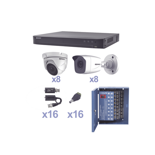 KEVTX8T8B/8EW KIT TurboHD 1080p / DVR 16 Canales / 8 Cámaras Bala (exterior 2.8 mm) / 8 Cámaras Eyeball (exterior 2.8 mm) / Transceptores / Conectores / Fuente de Poder Profesional