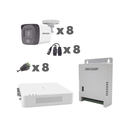 KH1080P8BFH - KIT TurboHD 1080p / DVR 8 Canales con audio por coaxitron / 8 Cámaras con Micrófono Integrado 101° Visión/  luz blanca + IR visión nocturna  / Transceptores / Conectores / Fuente de Poder Profesional