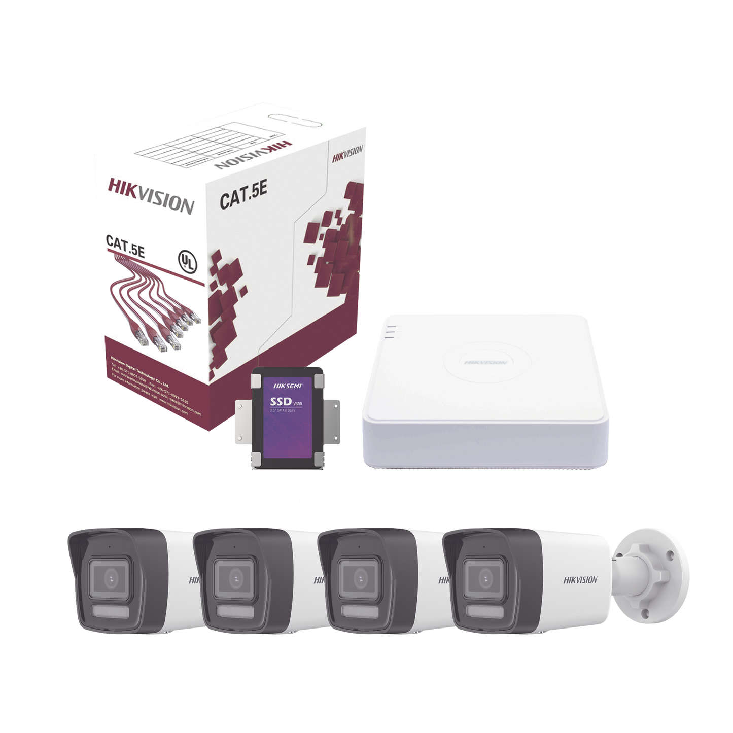 KIT4MP/4B/1TB Kit IP 4 Megapixel / NVR de 4 Canales con 4 Puertos PoE / 4 Cámaras IP Bala Dual Light (IR + Luz Blanca) con Microfono Integrado y ACUSENSE Lite para Exterior/ Bobina de Cable de 100 mts / SSD de 1 TB