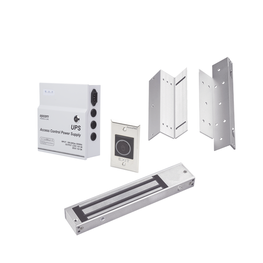 KITMAG12V Kit para control de acceso incluye Fuente de 12VCD con respaldo de batería/ Chapa magnética de 600Lbs / Montajes L y Z / Botón de salida