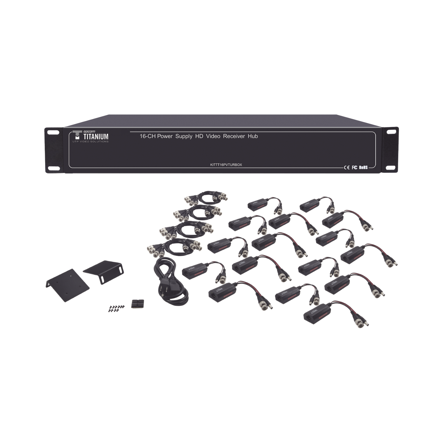 KITTT16PVTURBOX Kit de TRANSCEPTOR ACTIVO DE 16 Canales / VIDEO+PODER en un solo Cable UTP / 150m en 4K, 200m en 5 MP/ Envía 36 Vcc y recibe 12 Vcc / TODO INCLUIDO PARA RACK / Compatible con cámaras HD-TVI/CVI/AHD/CVBS / Instalación Limpia