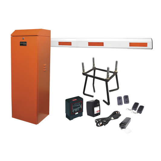 KIT-XBF-RN Kit COMPLETO Barrera Derecha XBF naranja / 3M / Incluye Sensor de masa, Transformador, Lazo, Ancla, Fotoceldas y 2 Controles Inalámbricos