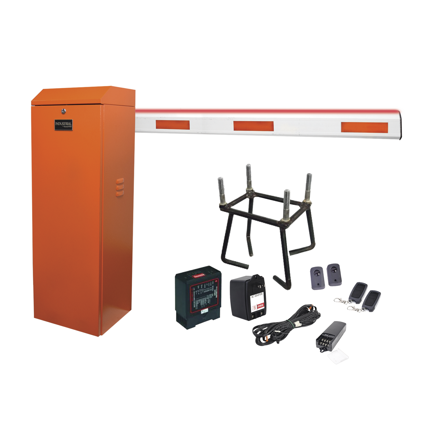 KIT-XBS-LEDRN Kit COMPLETO Barrera Derecha XB Naranja / Brazo de 5 Metros con Iluminacion LED Rojo-Verde / Incluye Sensor de masa, Transformador, Lazo, Ancla, Fotoceldas 2 Controles Inalámbricos
