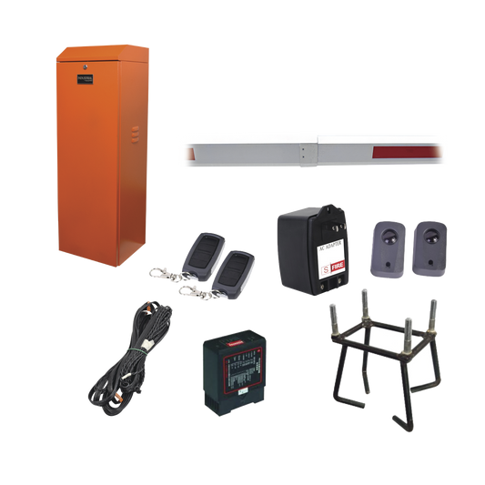 KIT-XBS-RN Kit COMPLETO Barrera Derecha XB NARANJADA / Brazo telescópico 3.6 ~ 5.5 M / Incluye Sensor de masa, Transformador, Lazo, Ancla, Fotoceldas y 2 Controles Inalámbricos