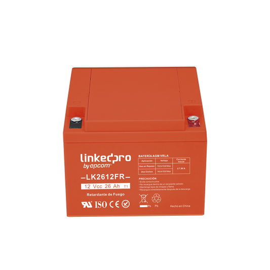 Batería 12 Vcc / 26 Ah / UL / Tecnología AGM-VRLA / Retardante a la Flama / Para uso en equipo electrónico, Alarmas de Intrusión / Incendio/ Control de acceso / Video Vigilancia / Terminales T1 ( Incluye adaptador para termina