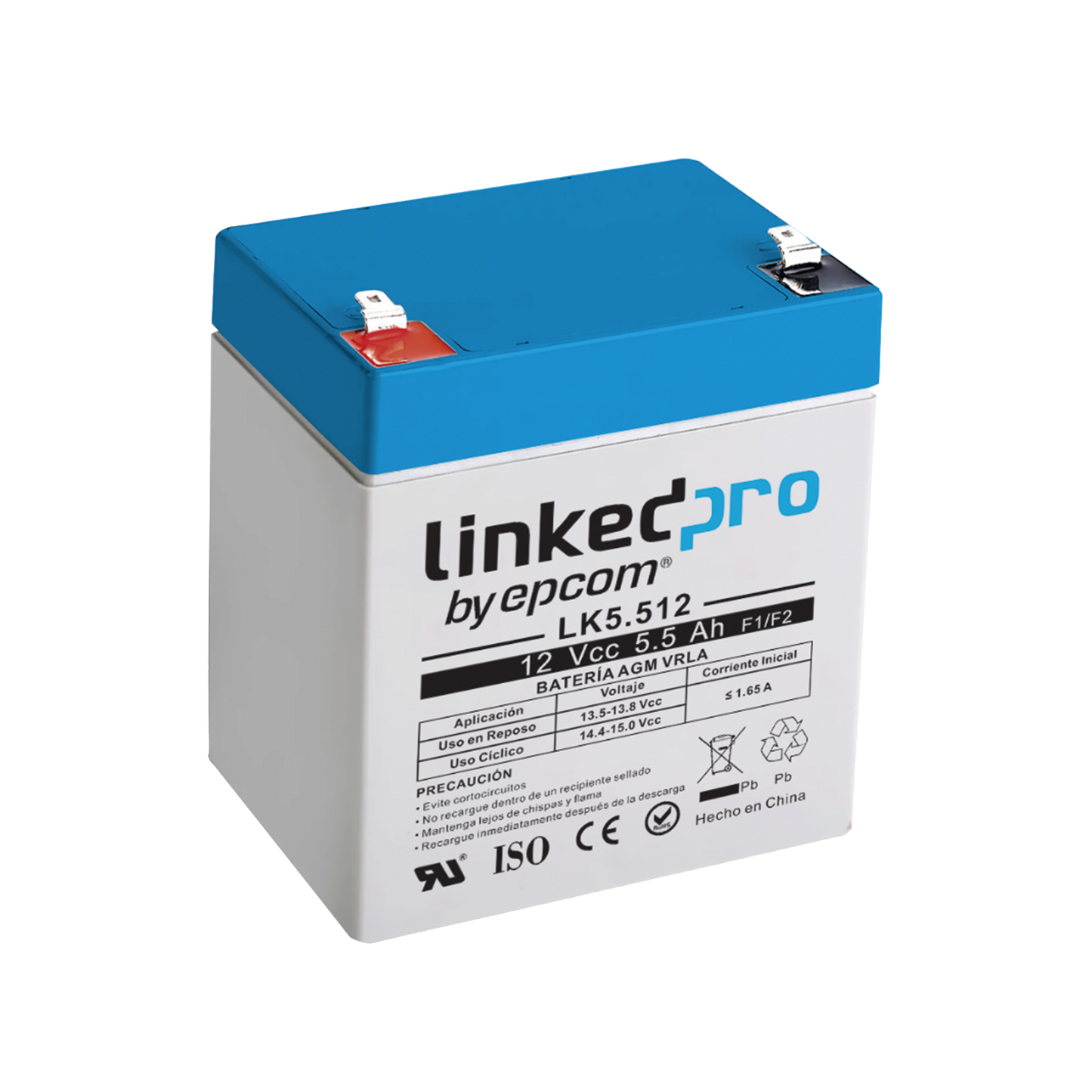 LK5.512 Batería 12 Vcc / 5.5 Ah / UL / Tecnología AGM-VRLA / Para uso en equipo electrónico, Alarmas de Intrusión / Incendio/ Control de acceso / Video Vigilancia / Terminales F1 ( Incluye adaptador para terminal F2 ) .