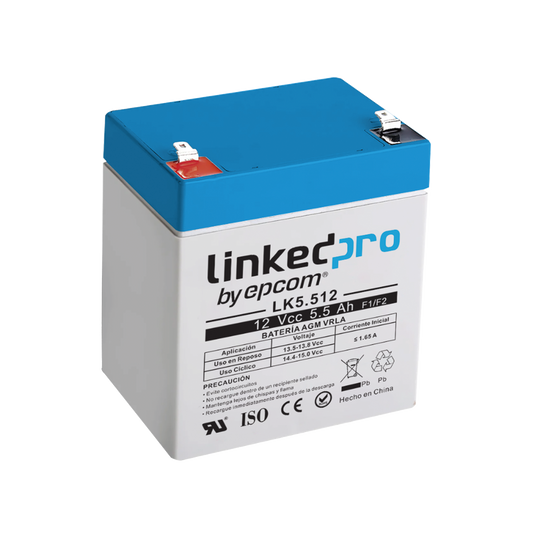 LK5.512 Batería 12 Vcc / 5.5 Ah / UL / Tecnología AGM-VRLA / Para uso en equipo electrónico, Alarmas de Intrusión / Incendio/ Control de acceso / Video Vigilancia / Terminales F1 ( Incluye adaptador para terminal F2 ) .