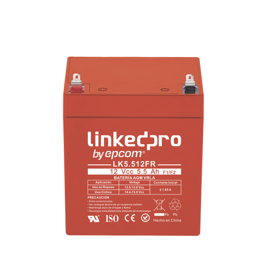 LK5.512FR Batería 12 Vcc / 5.5 Ah / UL / Tecnología AGM-VRLA / Retardante a la Flama / Para uso en equipo electrónico, Alarmas de Intrusión / Incendio/ Control de acceso / Video Vigilancia / Terminales F1 y F2.