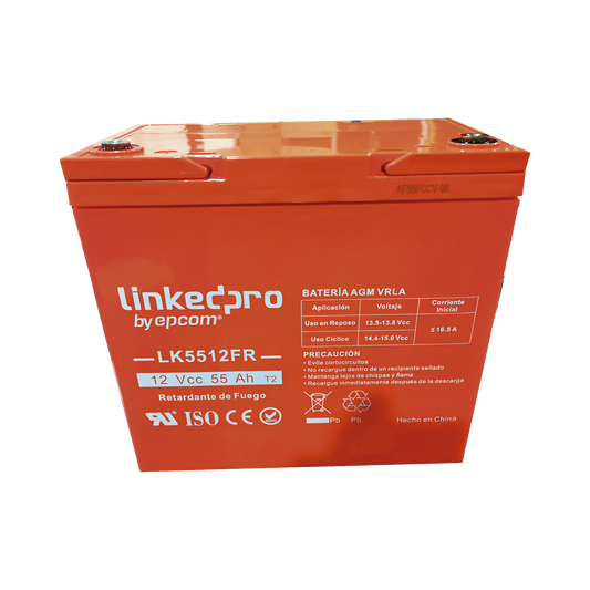 LK5512FR - Batería 12 V / 55 Ah / UL / Tecnología AGM-VRLA / Vida útil promedio de 5 años / Retardo a la flama / Para uso en equipo electrónico, Alarmas de Intrusión / Incendio/ Control de acceso / Video Vigilancia / Termina