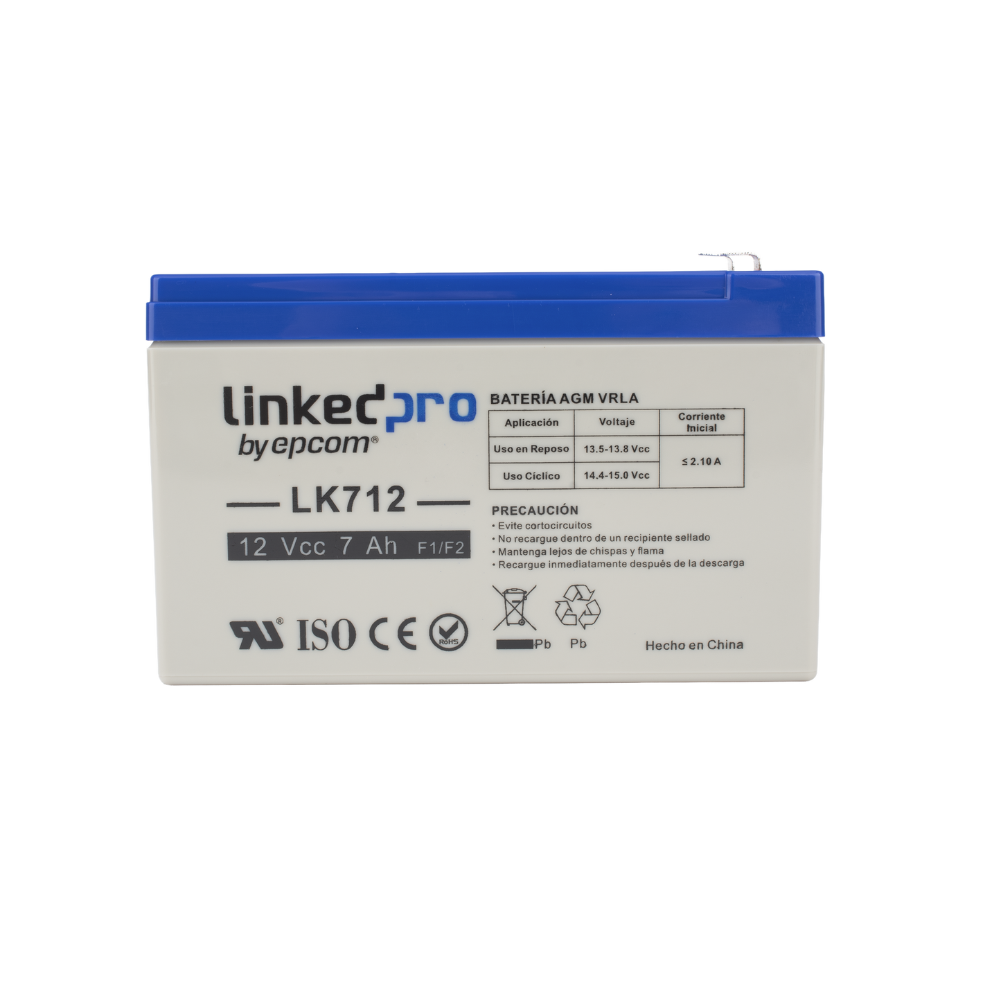 LK712 - Batería 12 V / 7 Ah / UL / Tecnología AGM / Vida útil promedio 5 años / Uso en equipo electrónico, Alarmas de Intrusión / Incendio / Control de acceso / Video Vigilancia / Terminales F1 ( Incluye adaptador F2 )