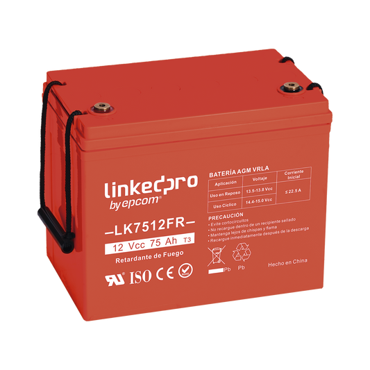 LK7512FR Batería 12 Vcc / 75 Ah / UL / Tecnología AGM-VRLA / Retardo a la flama / Para uso en equipo electrónico, Alarmas de Intrusión / Incendio/ Control de acceso / Video Vigilancia / T2