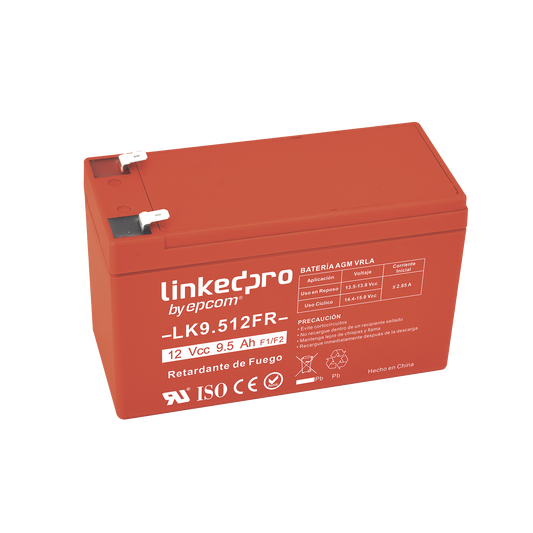 LK9.512FR Batería 12 Vcc / 9.5 Ah / UL / Tecnología AGM-VRLA / Retardante a la Flama / Para uso en equipo electrónico, Alarmas de Intrusión / Incendio/ Control de acceso / Video Vigilancia / Terminales F1 ( Incluye adaptador para termina