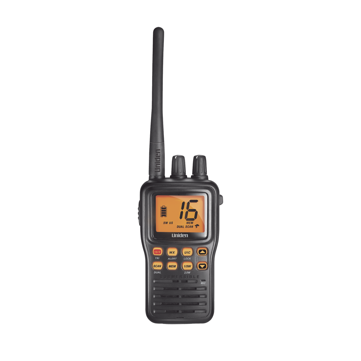 MHS75 - Radio Marino Portátil VHF, flotante y sumergible, Rx: 156.050-163.275MHz Tx: 156.025-157.425MHz, cumple con los canales marinos Internacionales, de EUA y Canadá