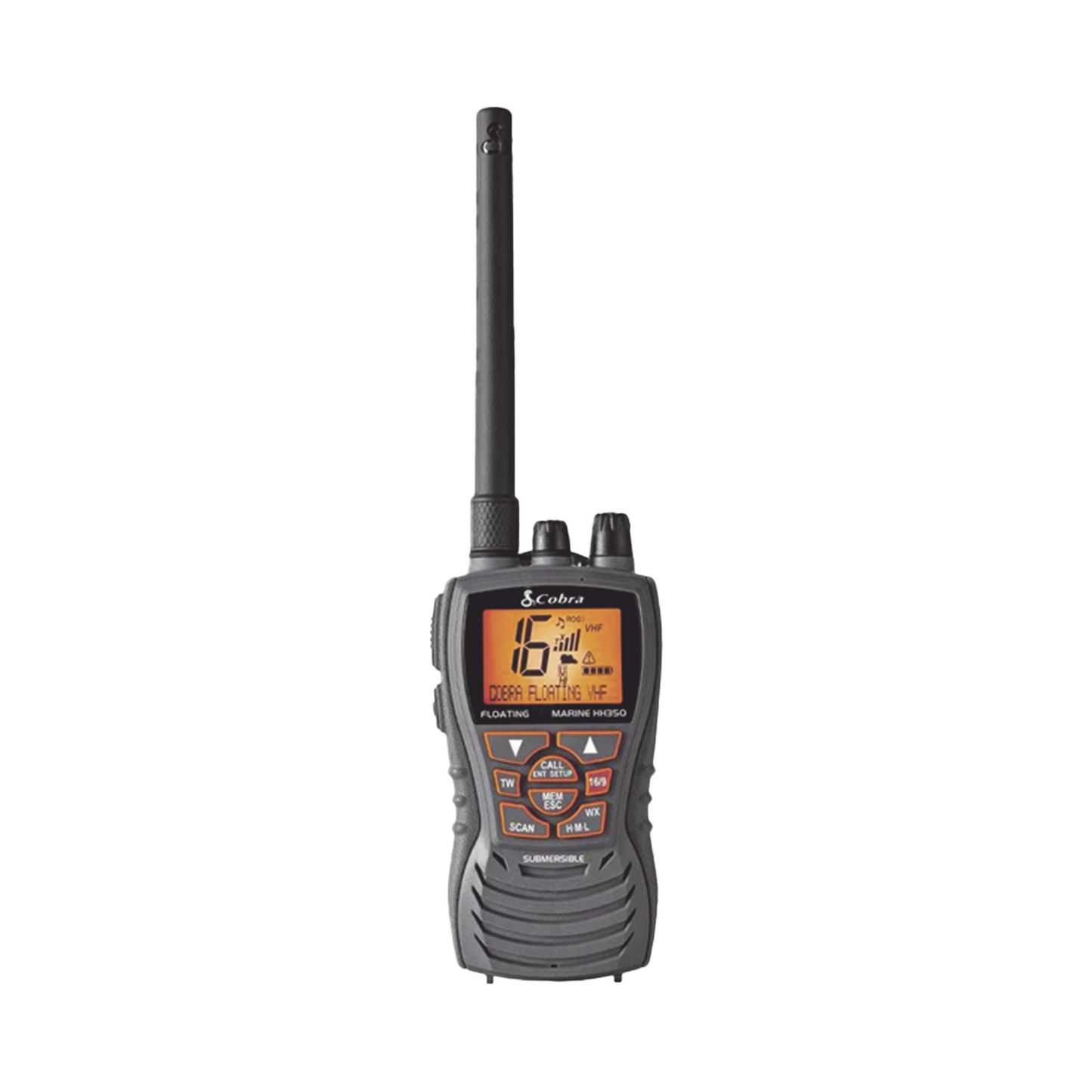 MRHH350FLT - Radio portátil marino flotante y sumergible con función de eliminación de agua de la bocina mediante vibración,  potencia de RF de 6 Watts.