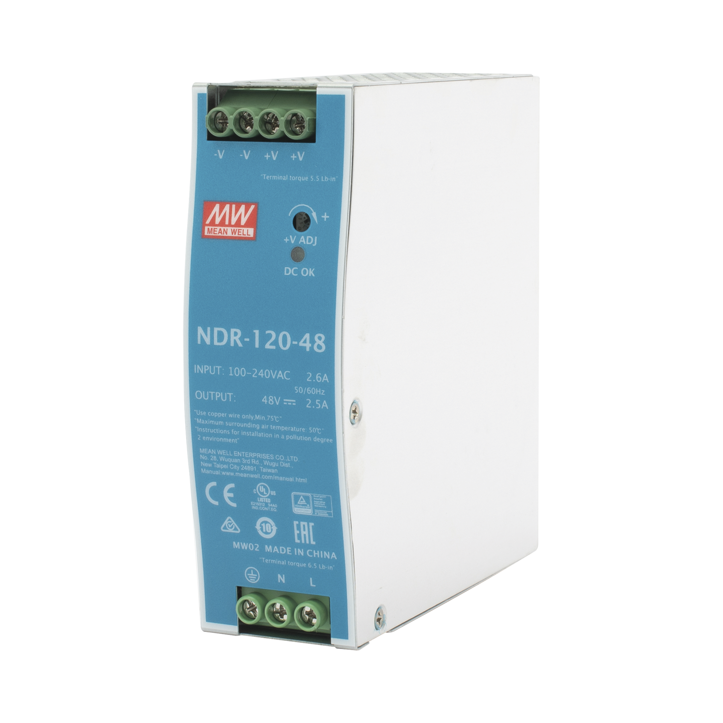 NDR-120-48 Fuente de poder industrial de 120 W, salida 48 Vcc, entrada 90~264 VCA, para montaje en riel DIN,