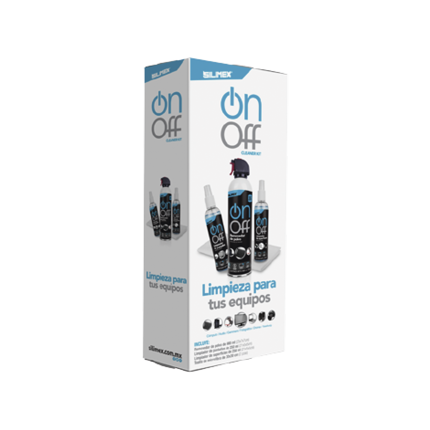 ON-OFF-CLEANER-PACK Kit de Limpieza, incluye 4 productos especializados en limpieza de pantallas y superficies, equipo de cómputo y electrónicos
