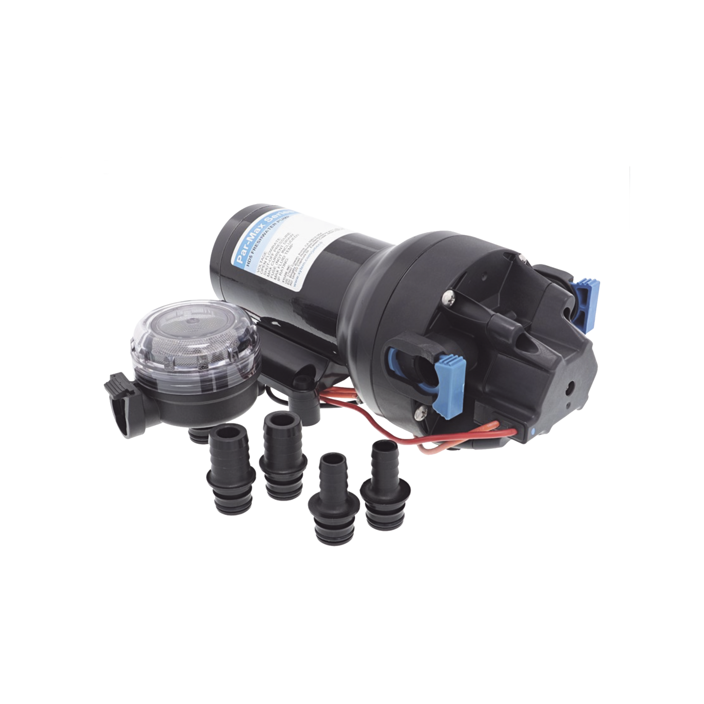 Bomba controlada por presión Par Max para trabajo pesado a 12 Vcd, caudal de 5 GPM, presión máxima 40 psi, para manguera de entrada con orificio de 38 mm (1½”), manguera de descarga con orificio de 25 mm (1”)