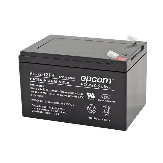 PL-12-12-FR Batería 12 Vcc / 12 Ah / UL / AGM-VRLA / Retardante a la flama / Para uso en equipo electrónico, Alarmas de intrusión / Incendio/ Control de acceso / Video Vigilancia / Terminales tipo F2 / Cargador recomendado CHR-80.