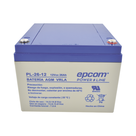 PL-26-12 Batería 12 Vcc / 26 Ah / UL / Tecnología AGM-VRLA / Para uso en equipo electrónico Alarmas de intrusión / Incendio/ Control de acceso / Video Vigilancia / Terminales de tornillo M5 ( HEX ) / Cargador recomendado CHR-80.