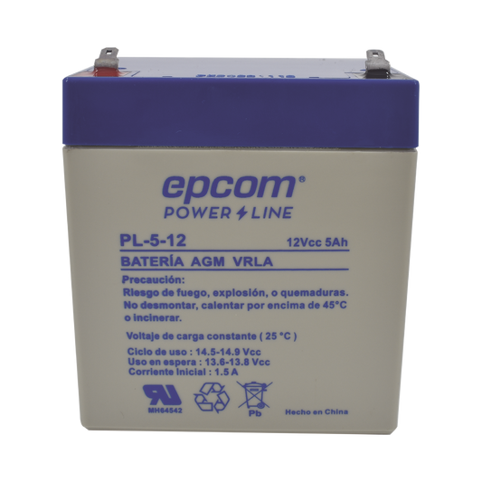 PL512 Batería 12 Vcc / 5 Ah / UL / Tecnología AGM-VRLA / Para uso en equipo electrónico Alarmas de intrusión / Incendio/ Control de acceso / Video Vigilancia / Terminales F1 / Cargador recomendado CHR-80.
