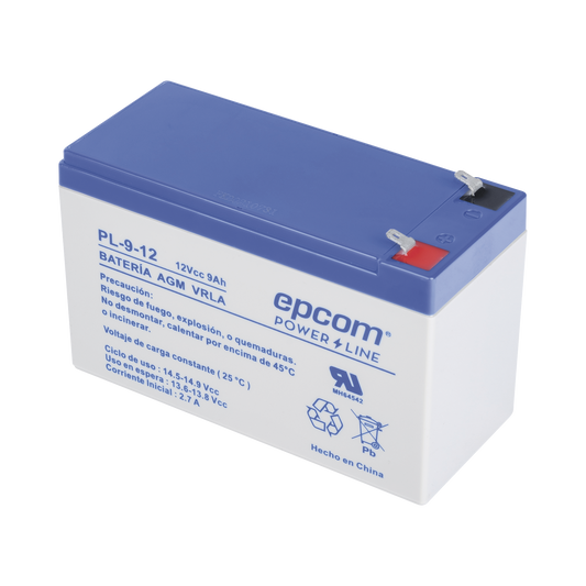PL912 Batería 12 Vcc / 9 Ah / UL / Tecnología AGM-VRLA / Para uso en equipo electrónico Alarmas de intrusión / Incendio/ Control de acceso / Video Vigilancia / Terminales F1 / Cargador recomendado CHR-80.
