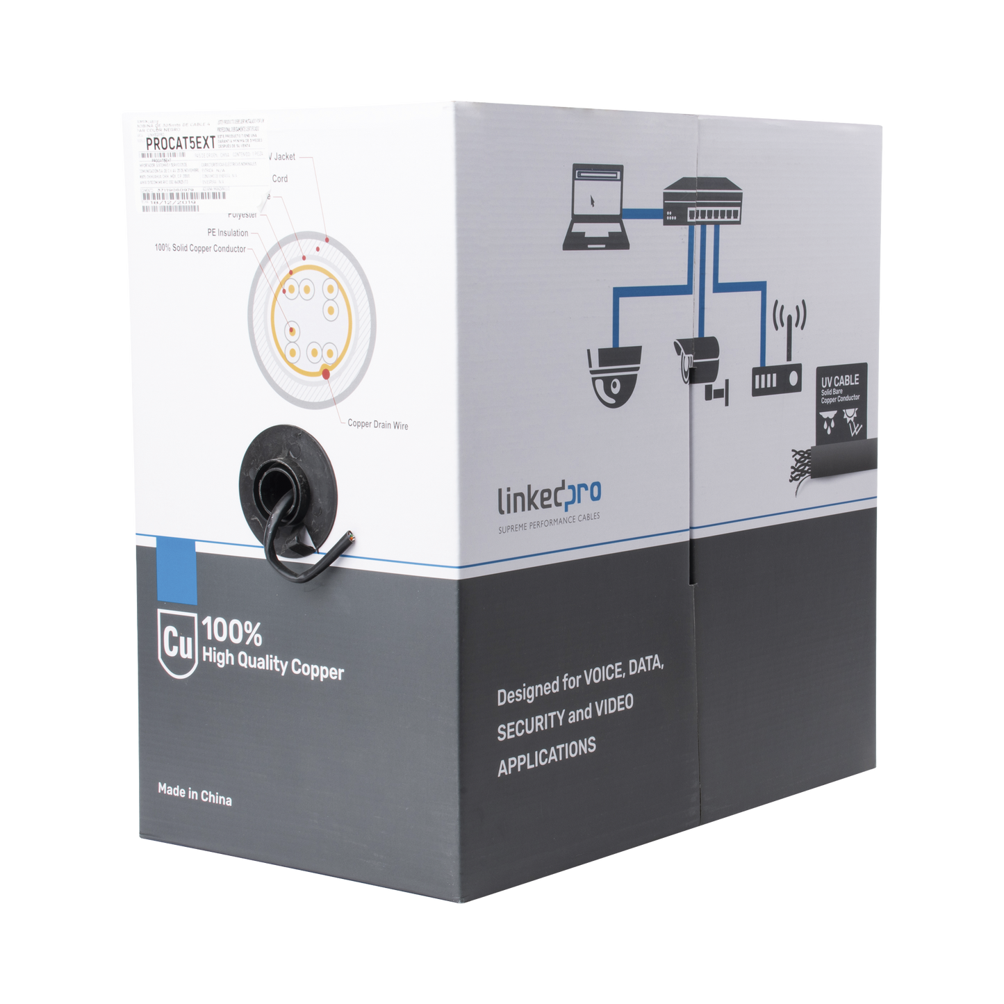 PRO-CAT-5-EXT Bobina de cable de 305 m, Cat5e , FTP, blindado, color negro, UL, para aplicaciones en video vigilancia, redes de datos. Uso en Intemperie