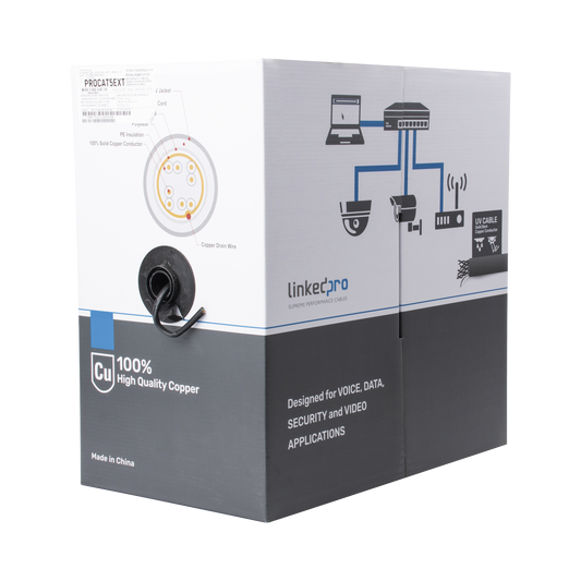 PRO-CAT-5-EXT Bobina de cable de 305 m, Cat5e , FTP, blindado, color negro, UL, para aplicaciones en video vigilancia, redes de datos. Uso en Intemperie